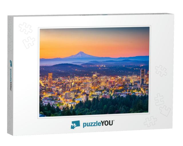Portland, Oregon, USA Skyline At Dusk with Mt. Hood in the... Jigsaw Puzzle