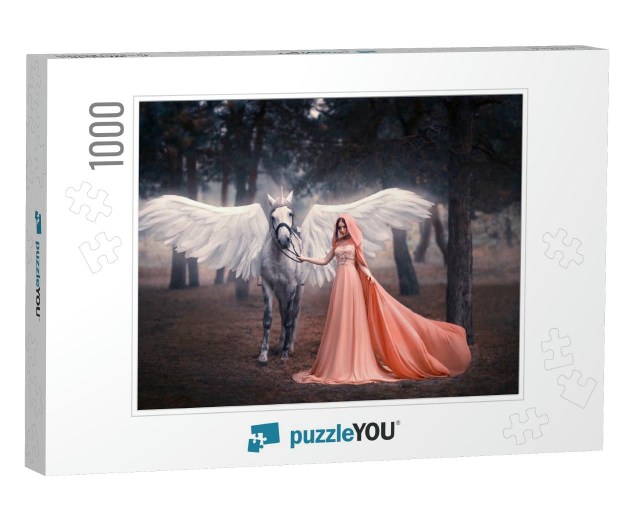 Beautiful, Young Elf, Walking with a Unicorn. She is Dres... Jigsaw Puzzle with 1000 pieces