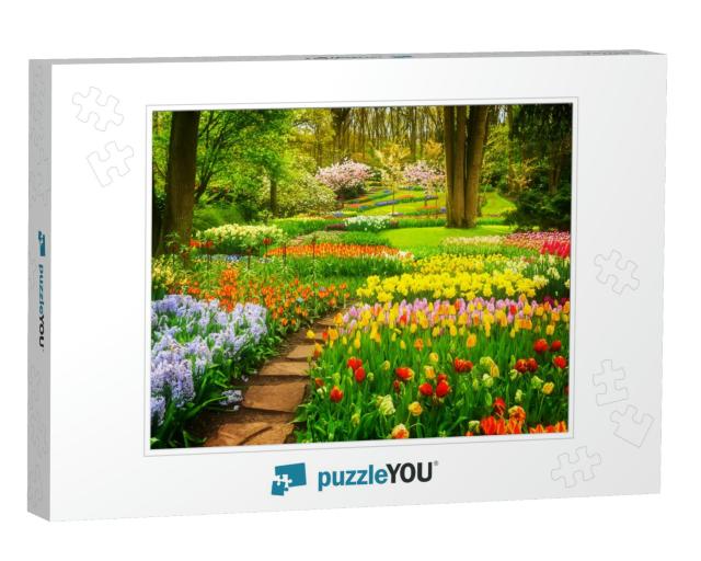Colorful Tulips Flowerbeds & Stone Path in an Spring Form... Jigsaw Puzzle