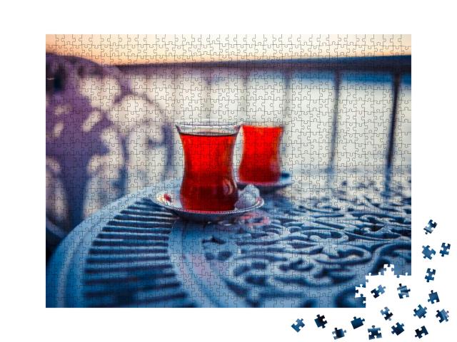 Turkish Tea is Served in a Cafe with Bosphorus View in Is... Jigsaw Puzzle with 1000 pieces