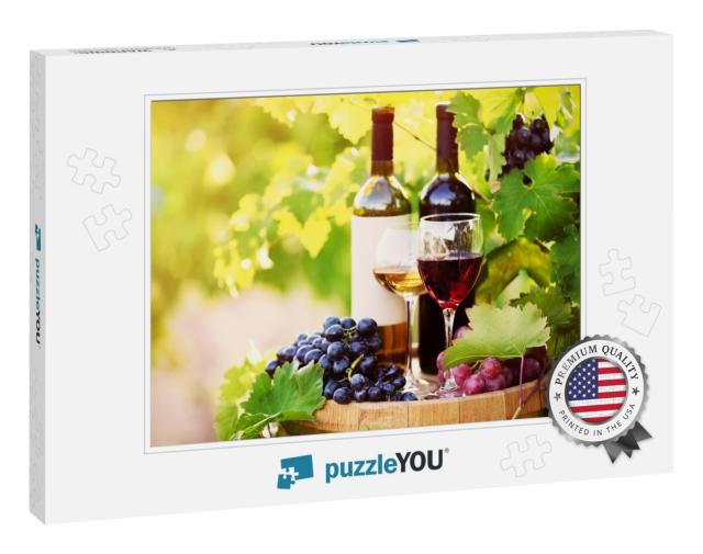 Tasty Wine on Wooden Barrel on Grape Plantation Backgroun... Jigsaw Puzzle