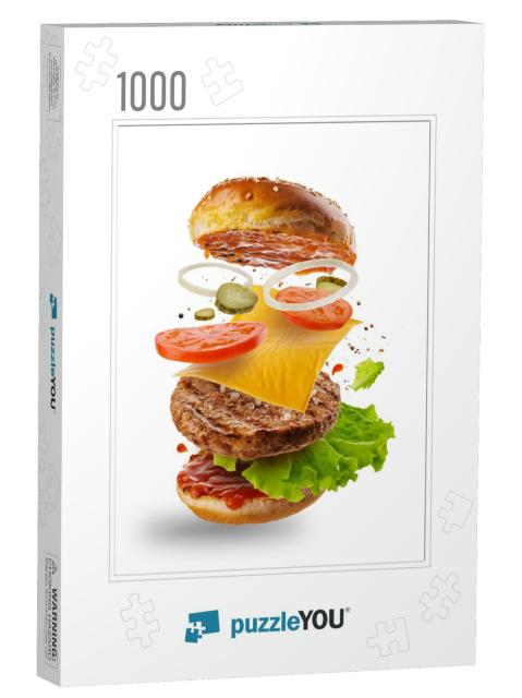 Burger with Flying Elements. Delicious Burger with Flying... Jigsaw Puzzle with 1000 pieces