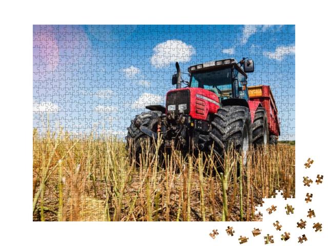 Magnificent View of a Tractor & Trailer in a Harvested Ra... Jigsaw Puzzle with 1000 pieces