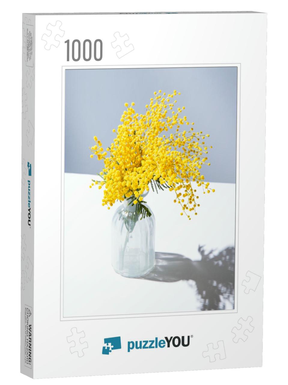 A Bouquet of Yellow Mimosa Flowers Stands in a Glass Vase... Jigsaw Puzzle with 1000 pieces