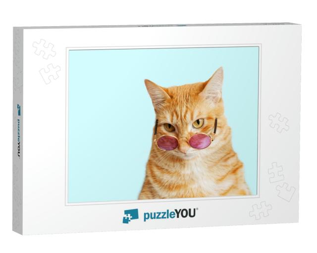 Closeup Portrait of Funny Ginger Cat Wearing Sunglasses I... Jigsaw Puzzle