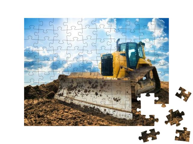 Yellow Excavator on New Construction Site, with the Brigh... Jigsaw Puzzle with 100 pieces