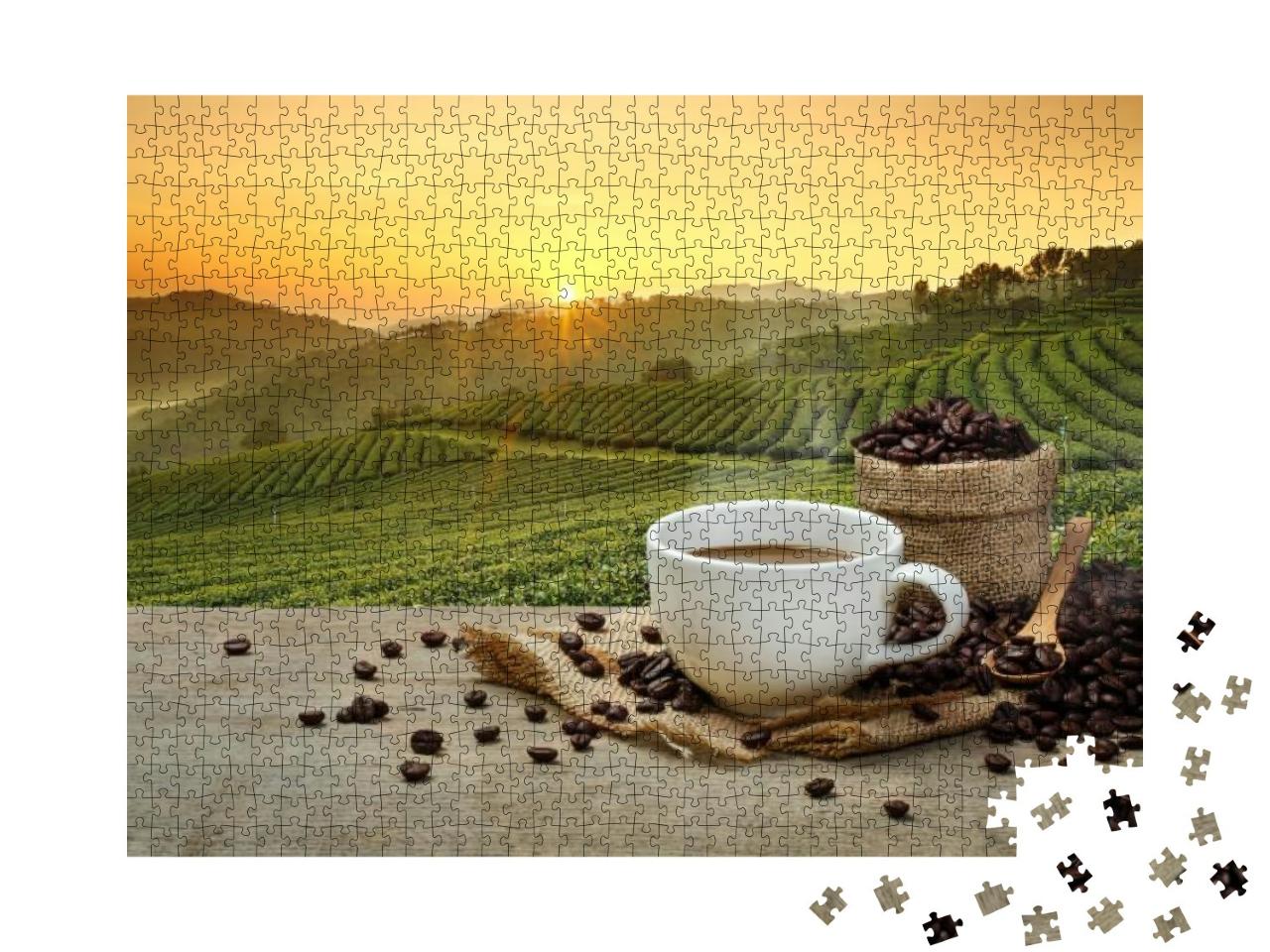Hot Coffee Cup with Organic Coffee Beans on the Wooden Ta... Jigsaw Puzzle with 1000 pieces