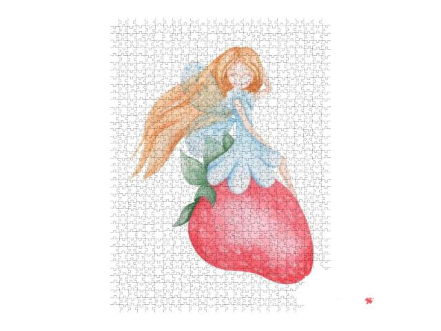 Watercolor Fairy on a Strawberry. Girl in a Blue... Jigsaw Puzzle with 1000 pieces