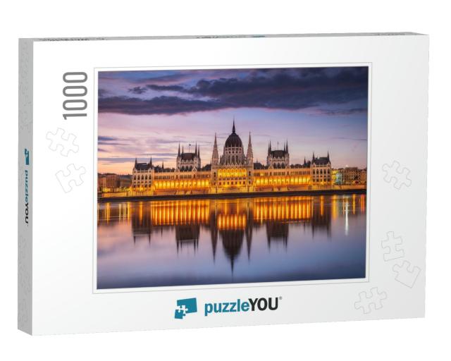 Hungarian Parliament with the Lights on from Across the D... Jigsaw Puzzle with 1000 pieces