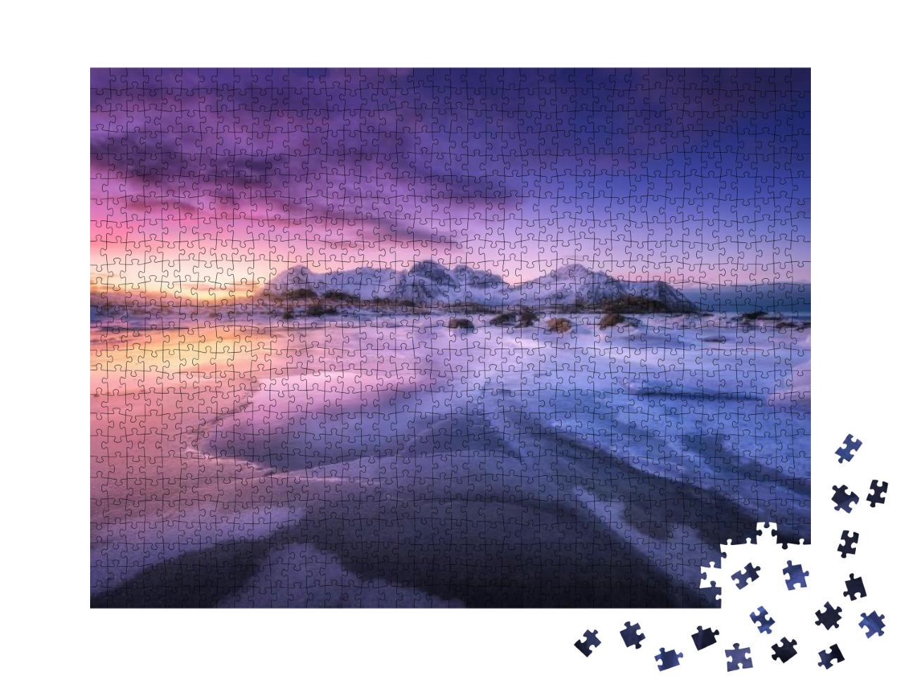 Frozen Sea Coast At Colorful Sunset in Lofoten Islands, N... Jigsaw Puzzle with 1000 pieces