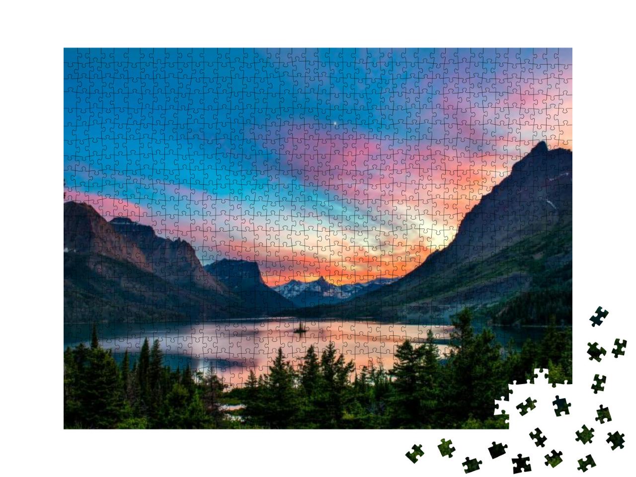 Beautiful Colorful Sunset Over St. Mary Lake & Wild Goose... Jigsaw Puzzle with 1000 pieces