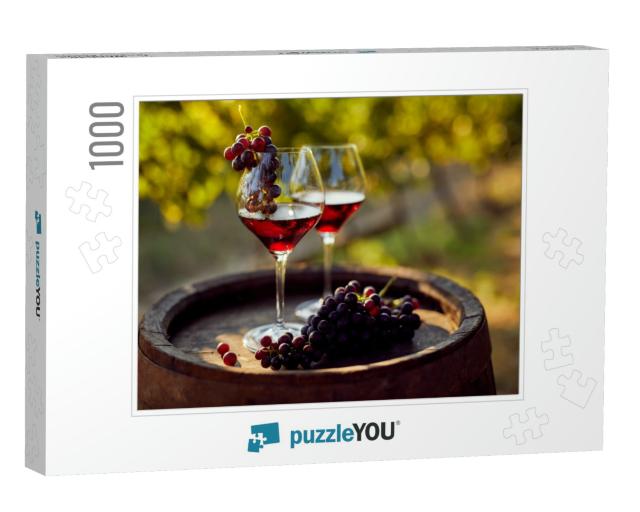 Two Glasses of Red Wine with a Bottle on a Wooden Barrel... Jigsaw Puzzle with 1000 pieces