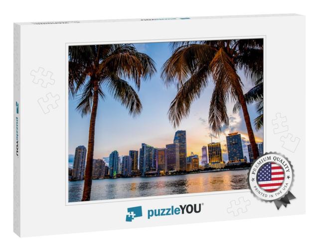 Miami, Florida Skyline & Bay At Sunset Seen Through Palm... Jigsaw Puzzle