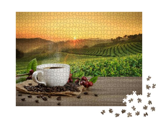 Hot Coffee Cup with Fresh Organic Red Coffee Beans & Coff... Jigsaw Puzzle with 1000 pieces