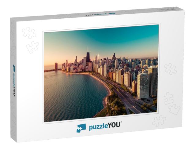 Chicago Skyline Aerial View with Sunrise Above Downtown B... Jigsaw Puzzle