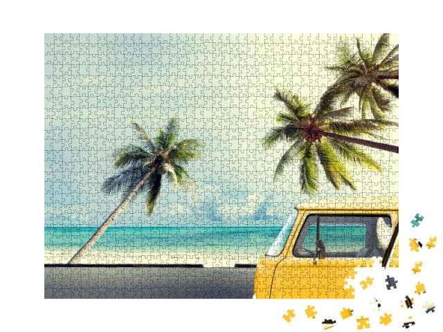 Vintage Car on the Beach with a Surfboard... Jigsaw Puzzle with 1000 pieces