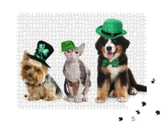 Cute Pets with Leprechaun Hats on White Background... Jigsaw Puzzle with 1000 pieces