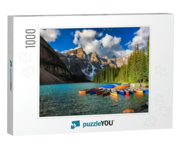 Canoes on Moraine Lake, Banff National Park in the Rocky... Jigsaw Puzzle with 1000 pieces