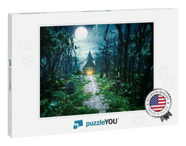 3D Render of Mysterious Forest with Path & House in Backg... Jigsaw Puzzle
