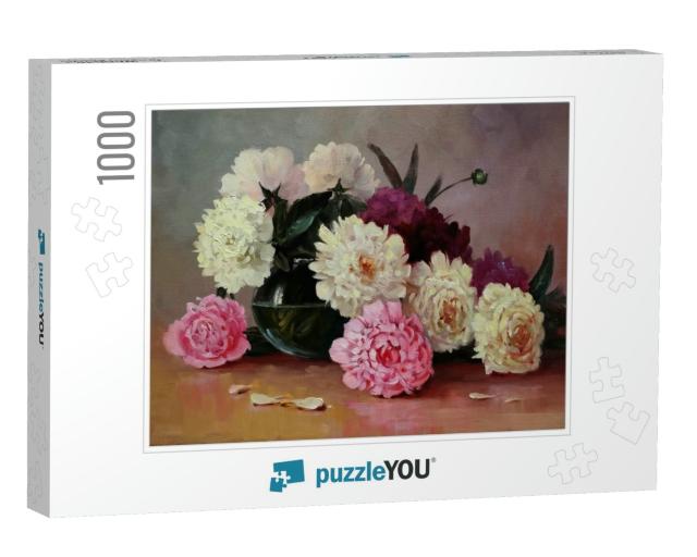 White & Pink Peonies in a Glass Vase, Oil Painting on Can... Jigsaw Puzzle with 1000 pieces