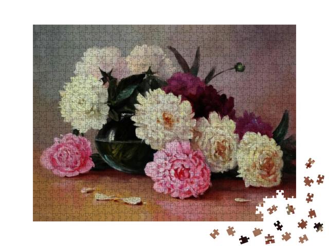White & Pink Peonies in a Glass Vase, Oil Painting on Can... Jigsaw Puzzle with 1000 pieces
