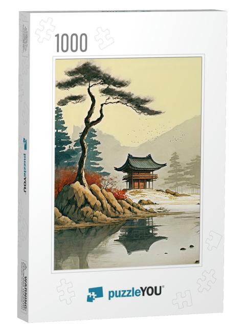 Peaceful Serenity and a Picturesque Pagoda Setting with Soft Soothing Tones Jigsaw Puzzle with 1000 pieces
