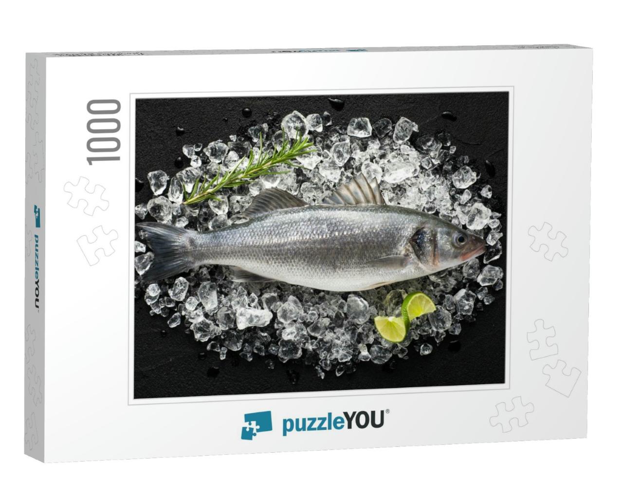 Fresh Sea Bass Fish on Ice on a Black Stone Table Top Vie... Jigsaw Puzzle with 1000 pieces