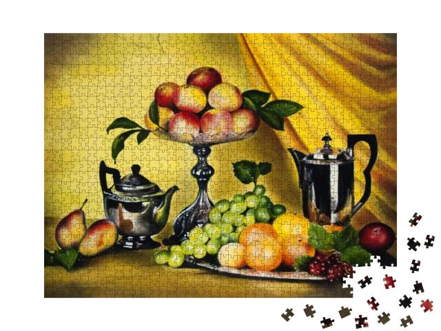 Still Life with Peaches & Grapes. Oil Painting for a Post... Jigsaw Puzzle with 1000 pieces