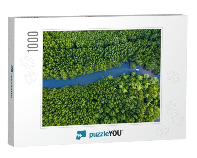 Aerial Top View of Boat on the River in Mangrove Forest C... Jigsaw Puzzle with 1000 pieces