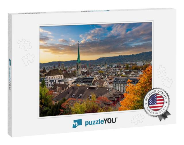 Beautiful Sunset Over Zurich in Autumn with Fraumuenster... Jigsaw Puzzle