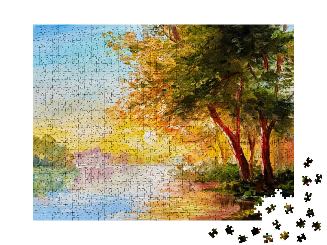Oil Painting Landscape, River in the Spring Forest with S... Jigsaw Puzzle with 1000 pieces