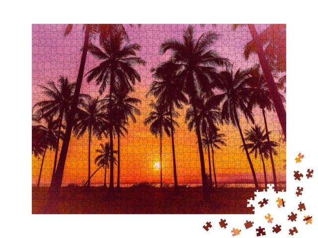 Silhouette Coconut Palm Trees on Beach At Sunset. Vintage... Jigsaw Puzzle with 1000 pieces
