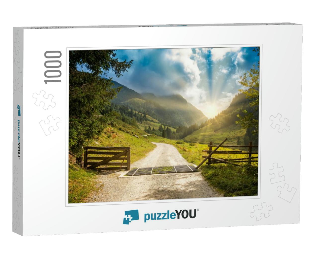 Open Gate Revealing View Over Winding Hiking Path Into Mo... Jigsaw Puzzle with 1000 pieces