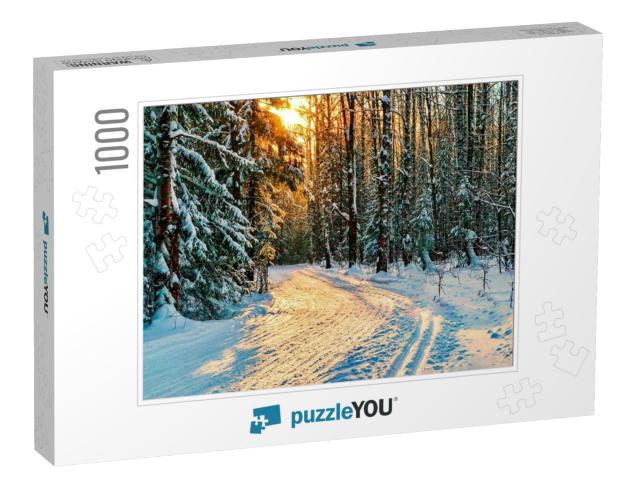 Winter Forrest Road in Snowy Woods... Jigsaw Puzzle with 1000 pieces