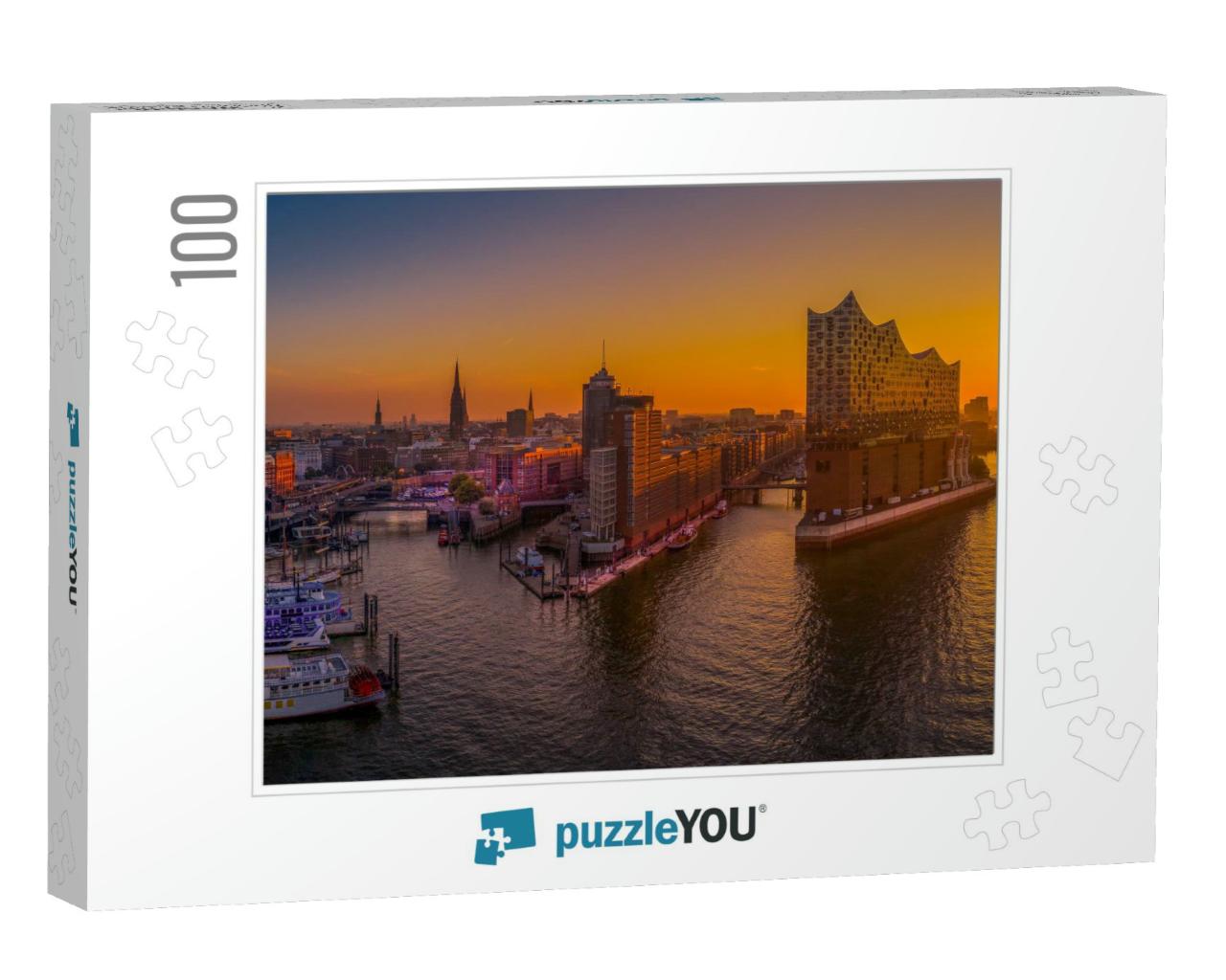 Sunrise in Hamburg with the Elbe Philharmonic Hall... Jigsaw Puzzle with 100 pieces