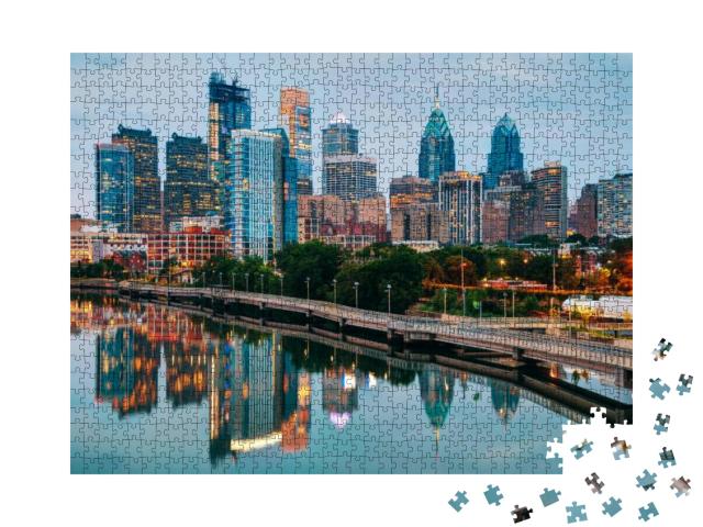 Philadelphia Skyline At Night with the Schuylkill River... Jigsaw Puzzle with 1000 pieces