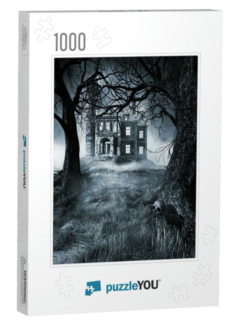 Night Scene with Creepy House, Trees & Fog. 3D Illustrati... Jigsaw Puzzle with 1000 pieces