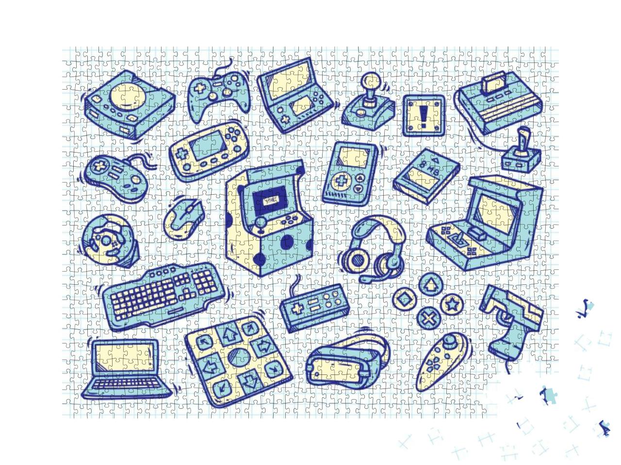 Set of Vintage Video Game Doodle on Paper Background... Jigsaw Puzzle with 1000 pieces