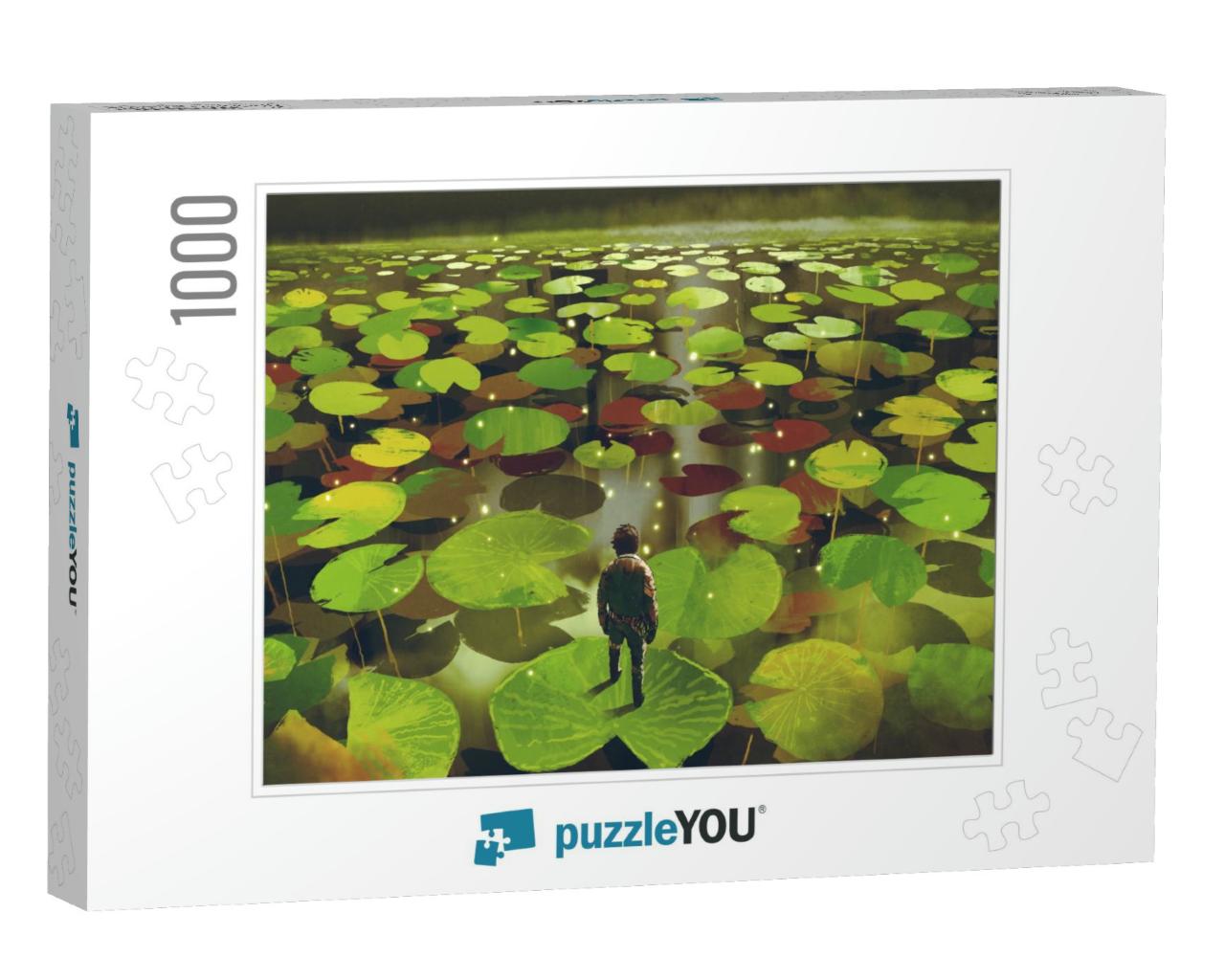 Young Man on Giant Lily Pad Leaf in Fantasy Swamp, Digita... Jigsaw Puzzle with 1000 pieces