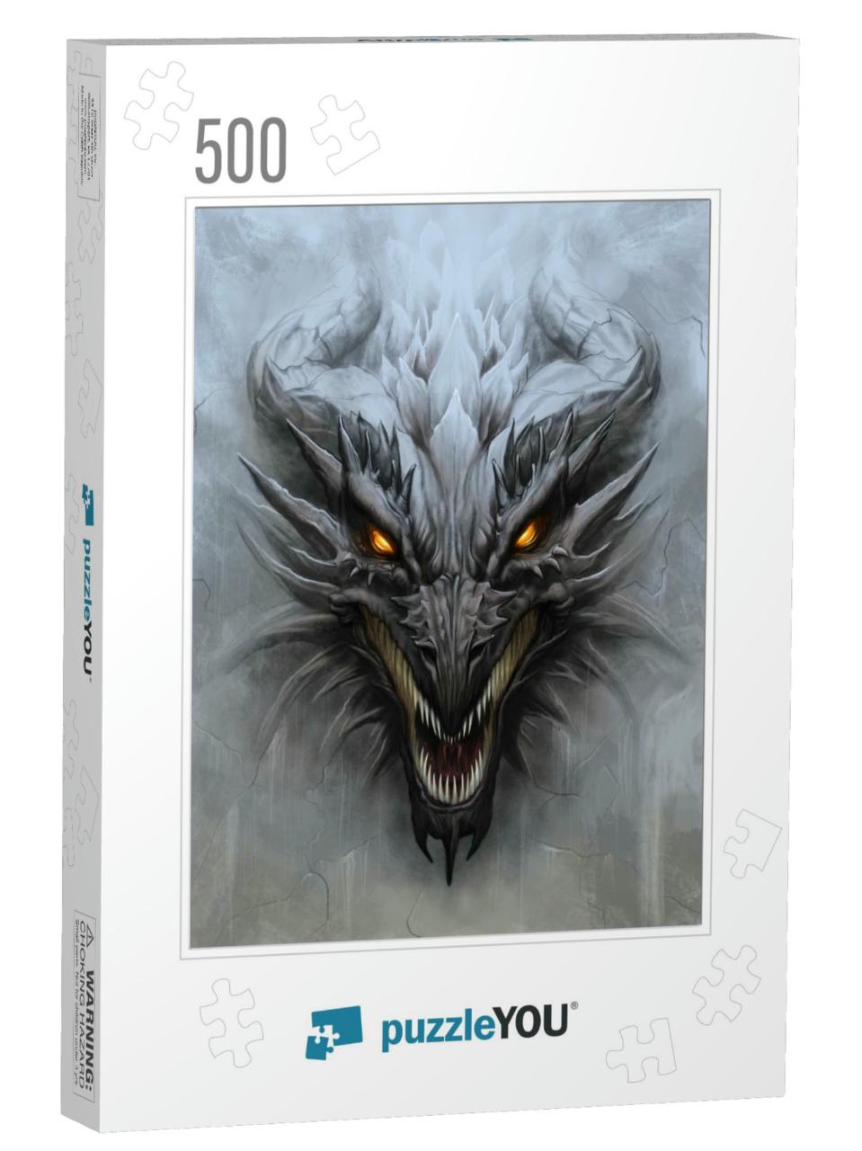 Dragon Head on the Gray Stone Background. Digital Paintin... Jigsaw Puzzle with 500 pieces