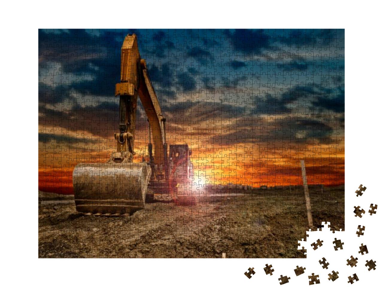 Excavating Machinery At the Construction Site, Sunset in... Jigsaw Puzzle with 1000 pieces