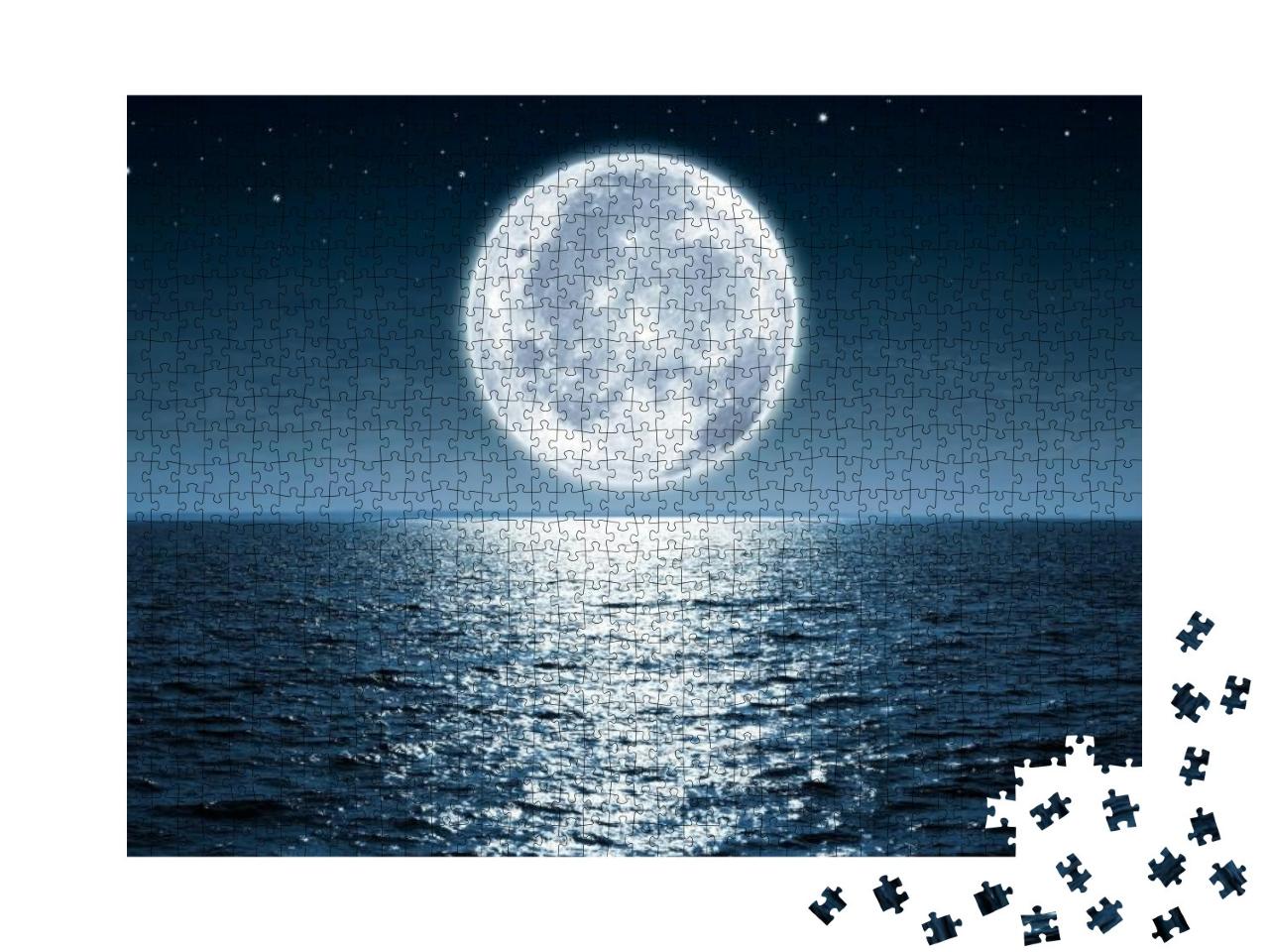 Full Moon Rising Over Empty Ocean At Night with Copy Spac... Jigsaw Puzzle with 1000 pieces
