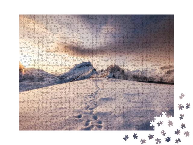 Landscape of Snow Mountains Range with Footprint on Snowy... Jigsaw Puzzle with 1000 pieces