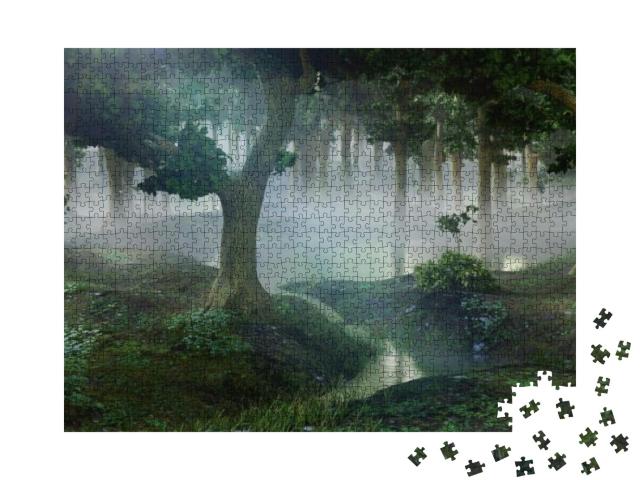 Foggy Fantasy Forest with Ponds, 3D Landscape Illustratio... Jigsaw Puzzle with 1000 pieces