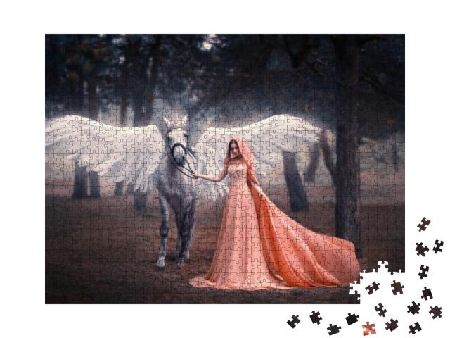 Beautiful, Young Elf, Walking with a Unicorn. She is Dres... Jigsaw Puzzle with 1000 pieces