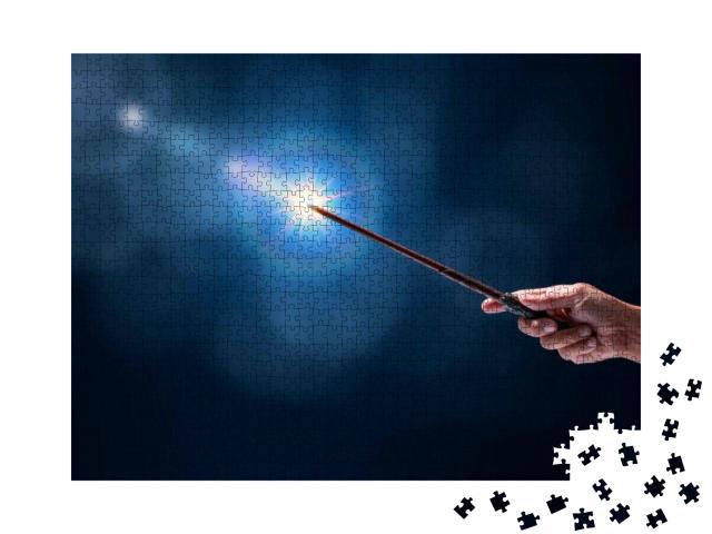 Magic Wand with Sparkle on Blue Background, Miracle... Jigsaw Puzzle with 1000 pieces