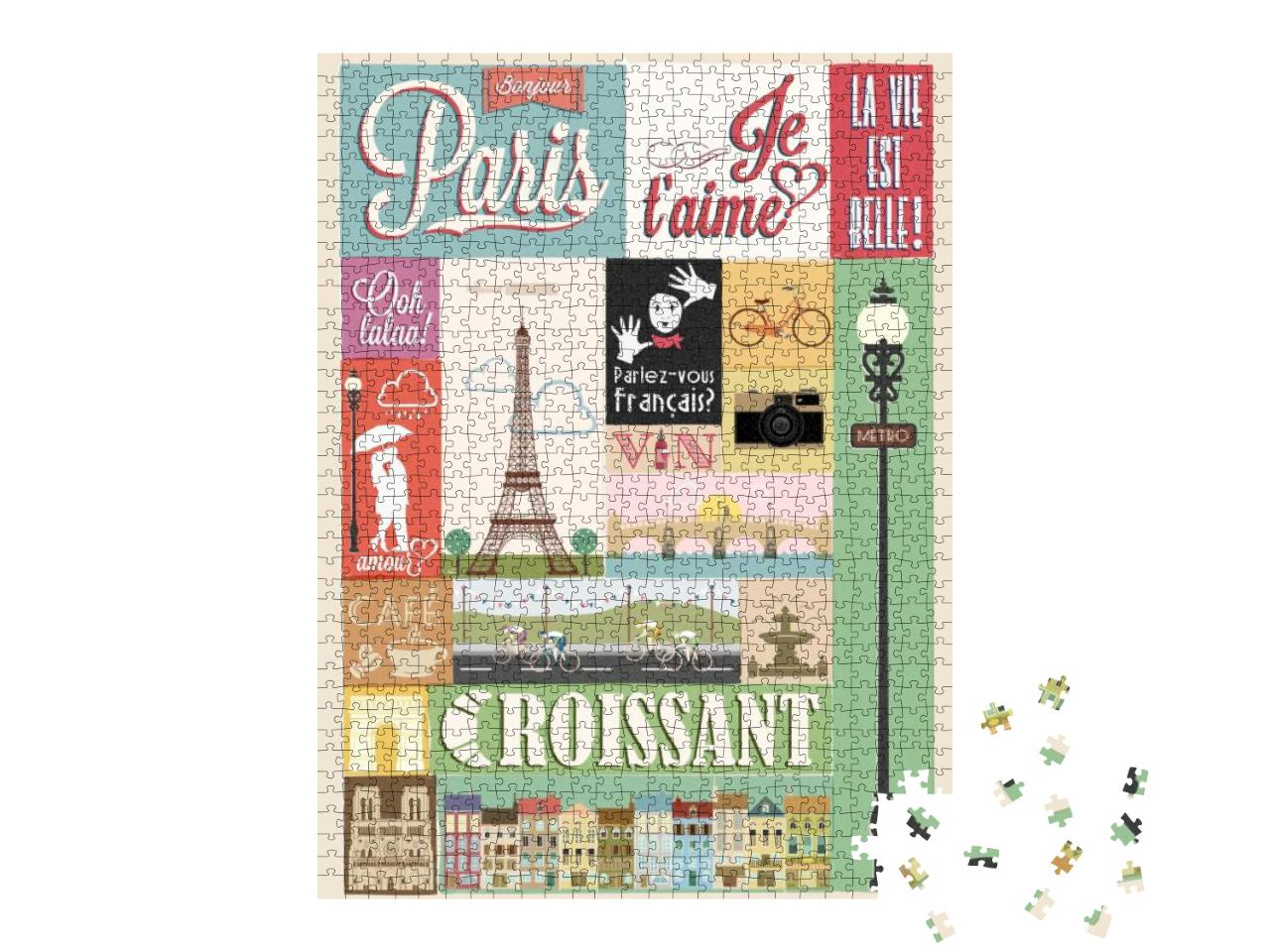 Typographical Retro Style Poster with Paris Symbols & Lan... Jigsaw Puzzle with 1000 pieces