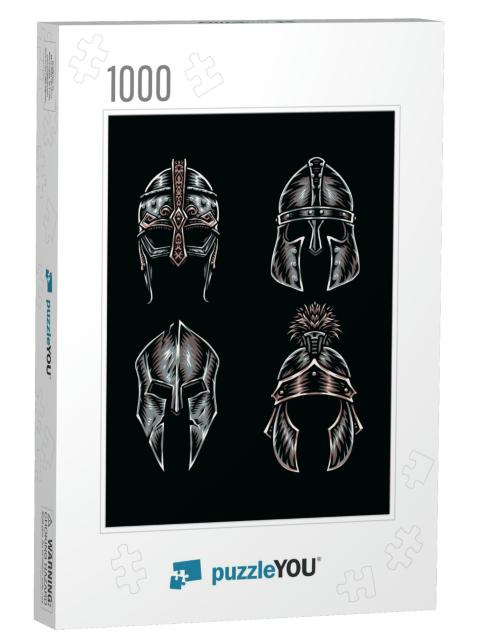 Set of Warrior Helmets, Hand Drawn Line Style with Digita... Jigsaw Puzzle with 1000 pieces