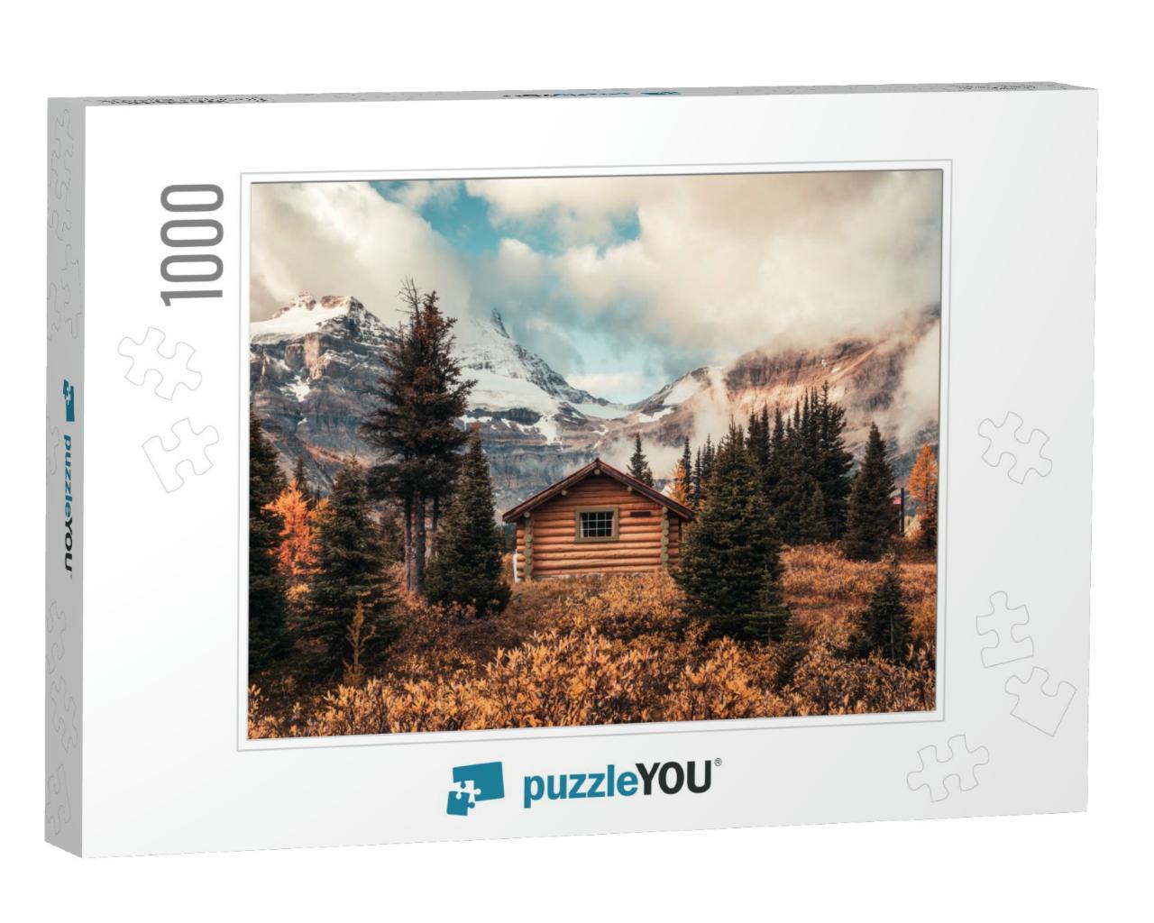 Wooden Hut with Assiniboine Mountain in Autumn Forest At... Jigsaw Puzzle with 1000 pieces