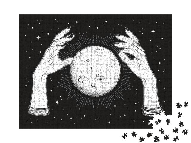 Hand Drawn Full Moon with Rays of Light in Hands O... Jigsaw Puzzle with 1000 pieces
